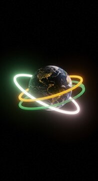 Earth Surrounded by Vibrant Neon Rings  A Digital Rendering of our Planet