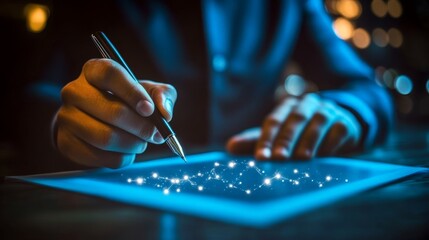 Poster - Businessman Using Tablet and Stylus Pen to Enhance Business Network and Innovation Strategies