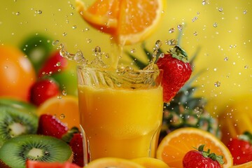 Poster - Glass of refreshing orange juice with splashes and a strawberry on the edge, surrounded by various fresh fruits on a yellow background