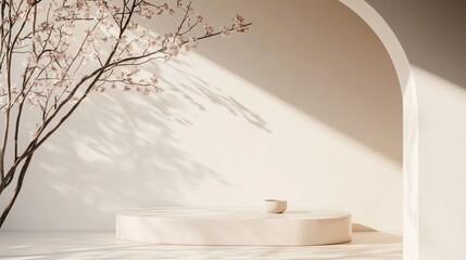 Poster - Soft sunlight filters through an archway illuminating a serene space with minimalist design and a delicate cherry blossom branch