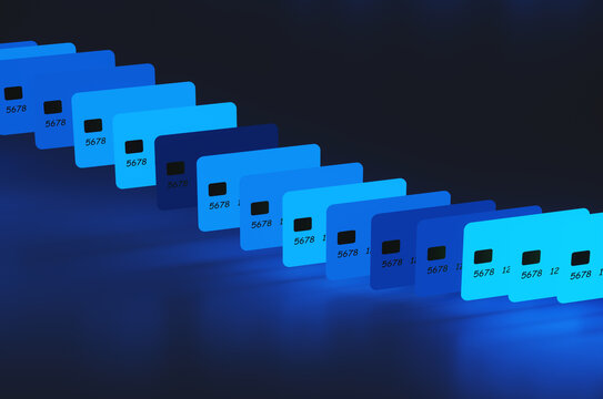 Close up of many blue credit cards on black background. 3d rendering illustration
