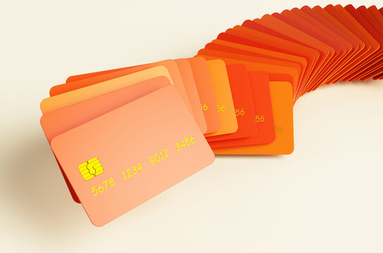 Many colored credit cards on white background. 3d rendering illustration