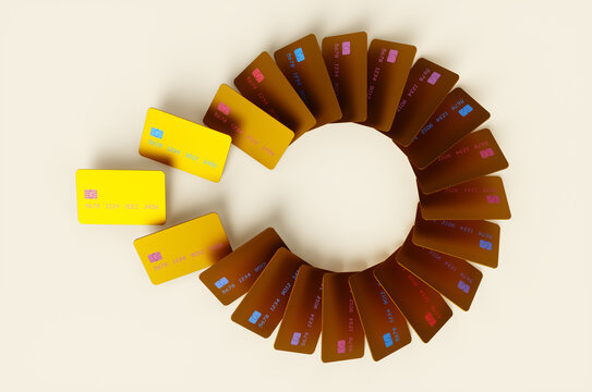 Many gold credit cards on white background. 3d rendering illustration