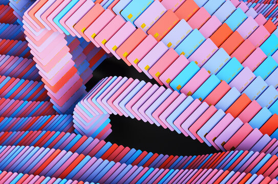 Close up of many colored credit cards. 3d rendering illustration