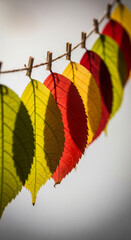 Aufkleber - Autumn leaves in red, yellow, and green hues hang on a twine, showcasing seasonal change and nature's beauty, ideal for fall themes or nature-related designs