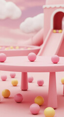 Poster - Pink round table with pastel balls, blurred pink background with a playhouse, showcasing a product display area, ideal for advertising or branding