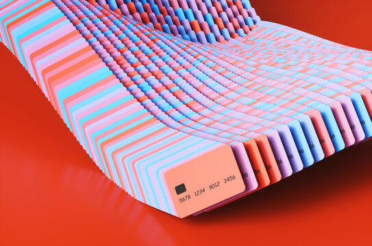 Close up of many colored credit cards. 3d rendering illustration