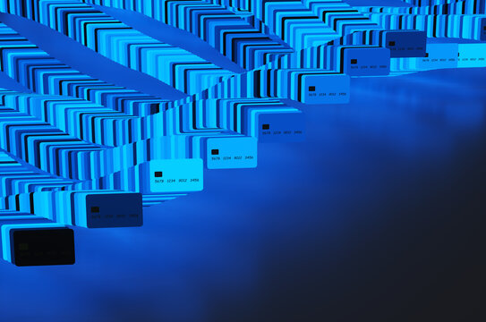Close up of many blue credit cards on black background. 3d rendering illustration