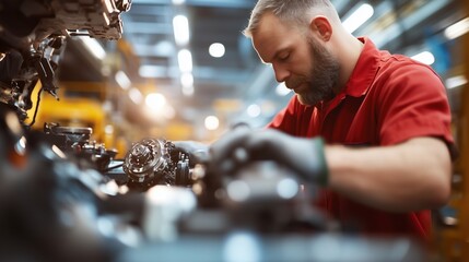 Poster - Skilled technician repairs machinery in a busy workshop during daylight hours