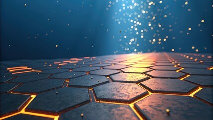 Abstract hexagonal pattern with glowing edges and bokeh lights on a blue gradient background