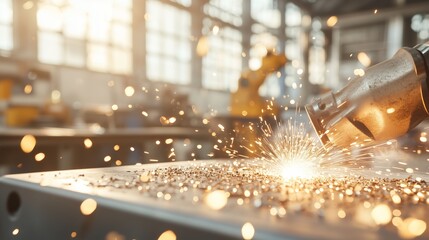 Poster - Welding sparks illuminate a workshop during an intricate metalworking process in a modern industrial setting