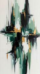 Poster - Abstract painting with green, black, gold, and white brushstrokes creating a dynamic composition, showcasing texture and movement, representative of modern art