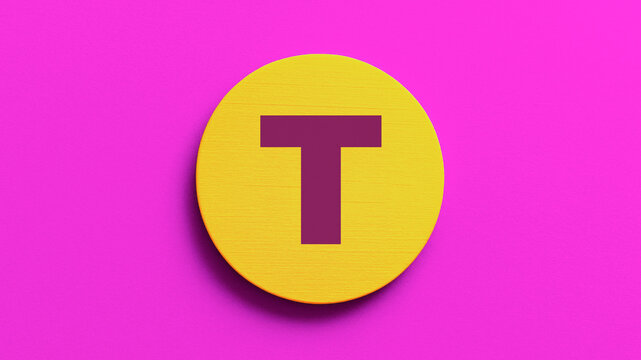 Yellow wooden circle with bold uppercase letter T in the middle symbolizing alphabet signage learning school monogram initial icon or modern typography design for creative graphics