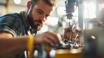 Poster - Skilled technician working diligently on machinery at a workshop in the afternoon light