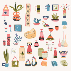 Poster - Illustration shows various household items such as vases plants and decor displayed on a light pink background