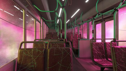 Poster - Empty passenger vehicle traversing cosmic space, revealing pink nebulae and starry background through luminous windows, presenting surreal interstellar journey through futuristic dreamscape