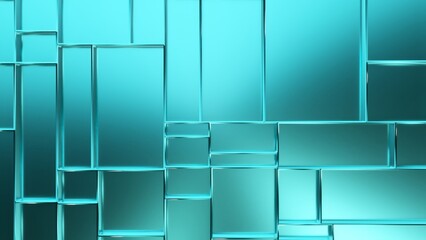 Poster - Turquoise glass panels gliding seamlessly across frame, creating dynamic geometric composition with smooth light reflections and gradient transitions