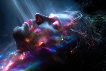 Poster - Portrait of a serene individual illuminated by colorful light amidst a mystical environment