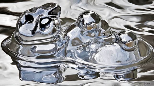 Abstract metallic shapes on liquid surface