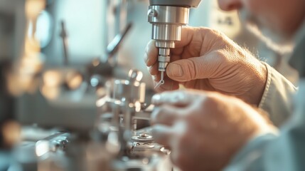Poster - Precision machining process at a workshop with skilled technician creating intricate components