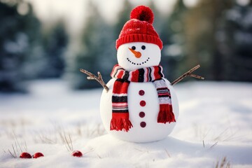 Poster - Snowman with red hat and scarf standing in snowy winter landscape