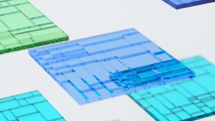 Fototapete - Transparent blue square made of smaller squares and rectangles is gently rotating on a white background, other colorful squares are visible in the background