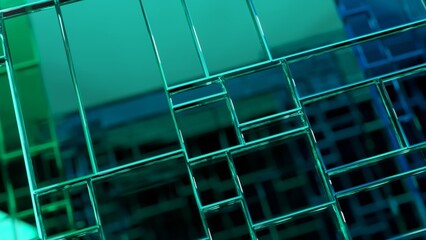 Poster - Emerald green glass panels, interconnected in a complex geometric structure, rotate slowly, reflecting light and creating a mesmerizing visual spectacle