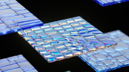Poster - Glass iridescent tiles rotating slowly on a black background create a mesmerizing visual effect, showcasing a beautiful play of light and color