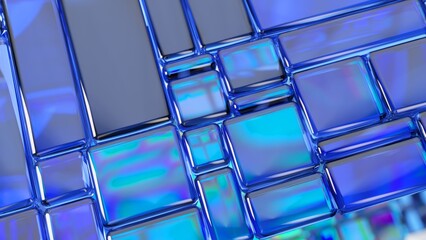 Poster - Blue glass tiles with smooth, rounded edges creating an abstract geometric pattern, rotating and reflecting iridescent light in mesmerizing luminescent motion