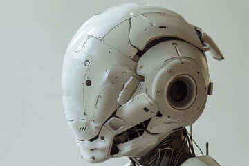 Poster - Profile view of a futuristic robot wearing a sophisticated helmet with intricate technological components