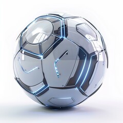 Poster - Futuristic metallic sphere with glowing blue lights sits on a white surface
