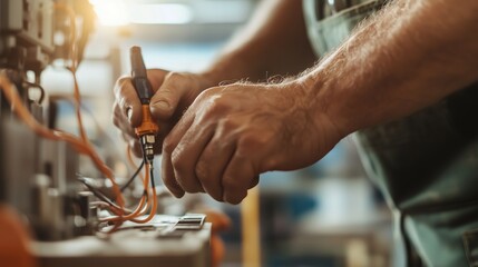 Poster - Skilled technician works on electrical wiring in an industrial setting during the daytime