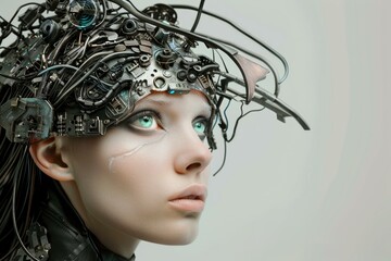 Poster - Portrait of a futuristic woman wearing a complex headgear with electronics and wires, showcasing a blend of technology and humanity