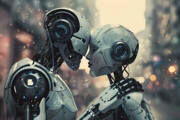 Poster - Two robots are touching foreheads in a futuristic cityscape, suggesting a romantic connection or deep empathy