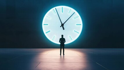 Poster - Businessman standing in dark room, facing a large glowing clock, symbolizing time management, deadlines, and the pressure of time in a business context