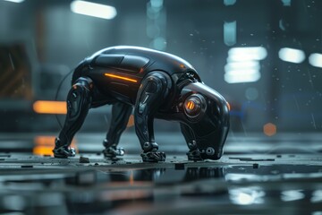 Poster - Robot dog sniffing wet floor in a futuristic, dark, industrial environment with orange lights