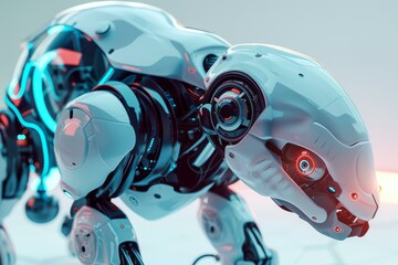 Poster - White and blue futuristic robot dog walking in a white environment