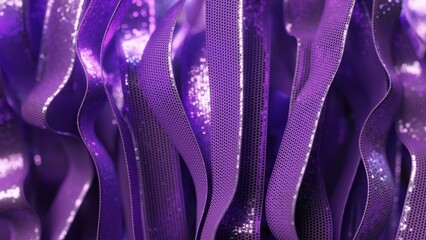 Poster - Metallic purple ribbons with tiny perforations flowing smoothly, creating mesmerizing dynamic visual movement with elegant, vibrant abstract design