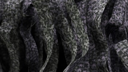 Poster - Camouflage ribbons gently waving in wind, generating mesmerizing dynamic visual with seamless abstract motion and elegant flowing movement