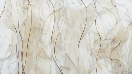 Poster - Elegant transparent ribbons with iridescent reflections create a mesmerizing dance of light and form, flowing gracefully against a pristine white backdrop