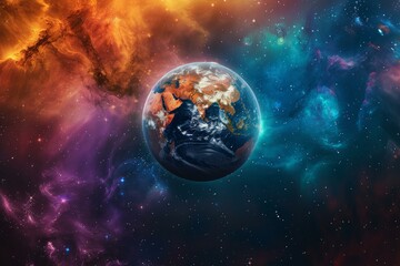 Wall Mural - earth rotating in colorful nebula, galaxy background, space exploration, astronomy science, and univ