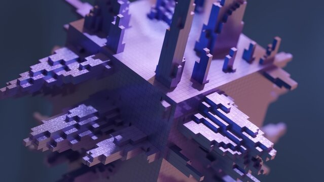 Purple pixelated cube slowly rotating and transforming, with extruding pixelated structures, on a dark background, creating a mesmerizing visual effect