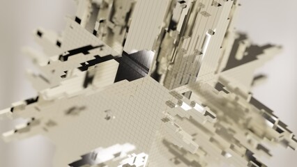 Poster - White cubic structure rotating slowly on white background, showing complex geometric patterns and intricate details, ideal for technology, architecture, or abstract concepts