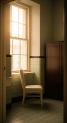 Aufkleber - Pale chair sits near a window in a room with pale green tiled walls and a dark brown cabinet, sunlit scene, showcasing tranquility and quiet solitude
