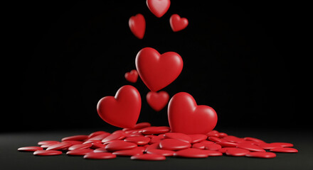 Poster - Red hearts falling onto a pile of smaller hearts on black background, symbolizing love, Valentine's Day, romance, and affection