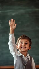Aufkleber - Smart young pupil raising hand in classroom, actively participating in lesson and eager to answer teacher's question, showing enthusiasm for learning
