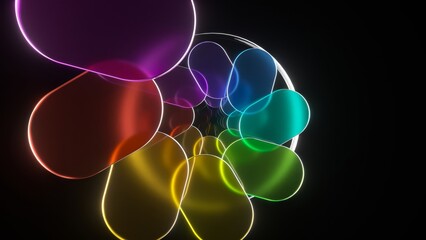 Poster - Nautilus shell rotating and expanding, revealing iridescent rainbow colors against deep black background, generating hypnotic visual transformation with mesmerizing fluid motion