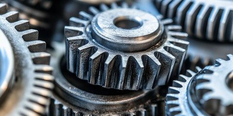 Poster - Close-up view of intricate metal gears in machinery Generative AI