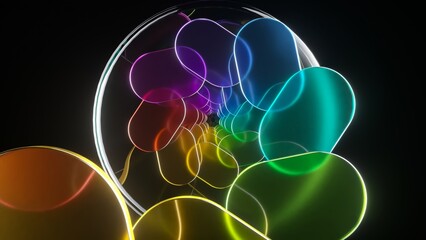 Fototapete - Vibrant neon light rotating through cylindrical tunnel, generating mesmerizing abstract motion against deep black background with seamless looping visual effect
