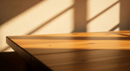 Poster - Sunny light illuminates a wooden table, showcasing its warm, smooth texture Ideal for product display or background use Free space for text or mockup
